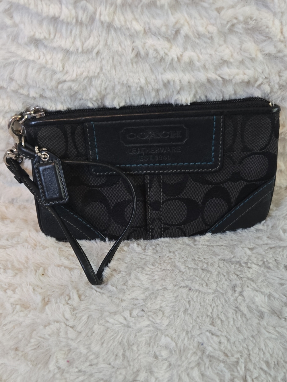 Coach Black Signature Canvas Wristlet with Blue Interior